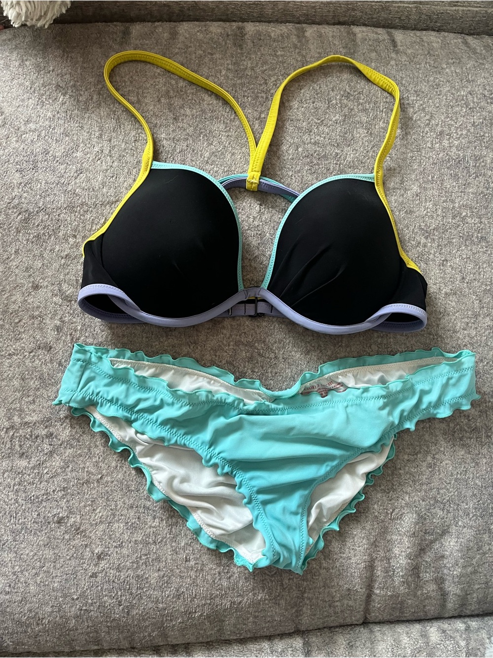 Victoria's Secret Black Bikini Top with Lavender, Aqua and Yellow Accents